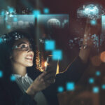 Woman, tech overlay and phone in night at office for finance research, data analytics or digital job. Cybersecurity expert, fintech or focus in dark workplace with 3d hologram abstract with happiness.